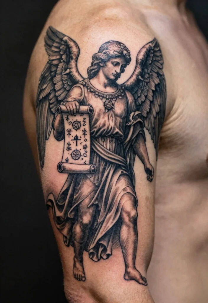 16 Arch Angel Michael Tattoo Ideas: Fierce, Protective, and Legendary - 10. Arch Angel Michael with Scroll 1