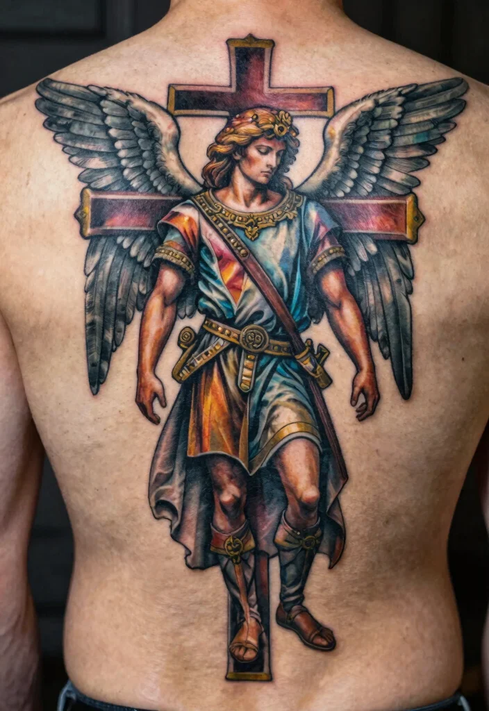 16 Arch Angel Michael Tattoo Ideas: Fierce, Protective, and Legendary - 13. Arch Angel Michael with Cross 1