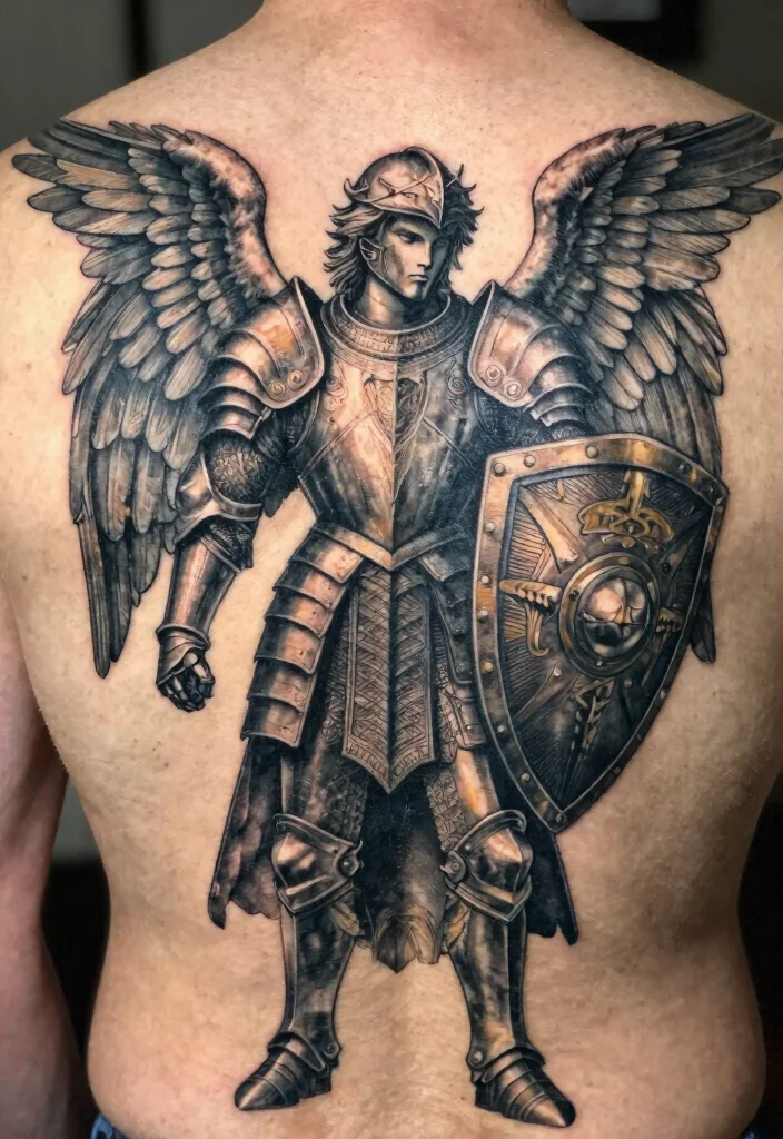 16 Arch Angel Michael Tattoo Ideas: Fierce, Protective, and Legendary - 5. Angelic Armor and Shield 1