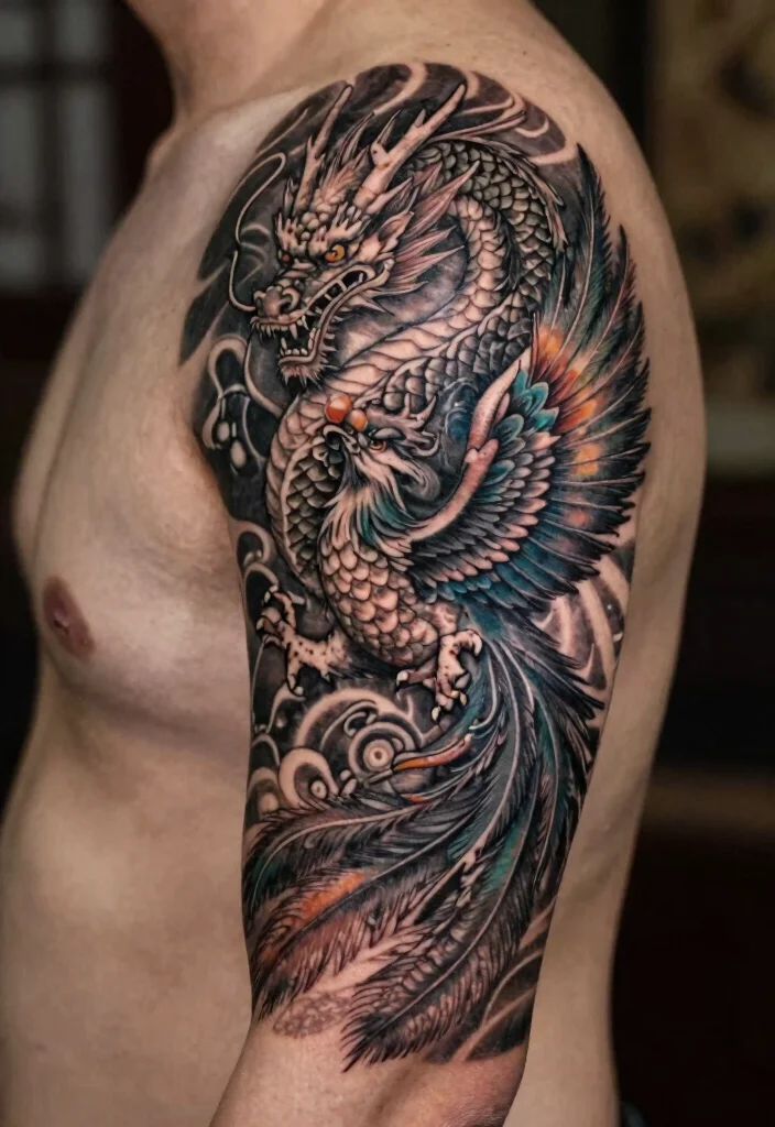 16 Black Dragon Tattoo Ideas: Dark, Bold, and Timeless - 12. Dragon and Phoenix 1