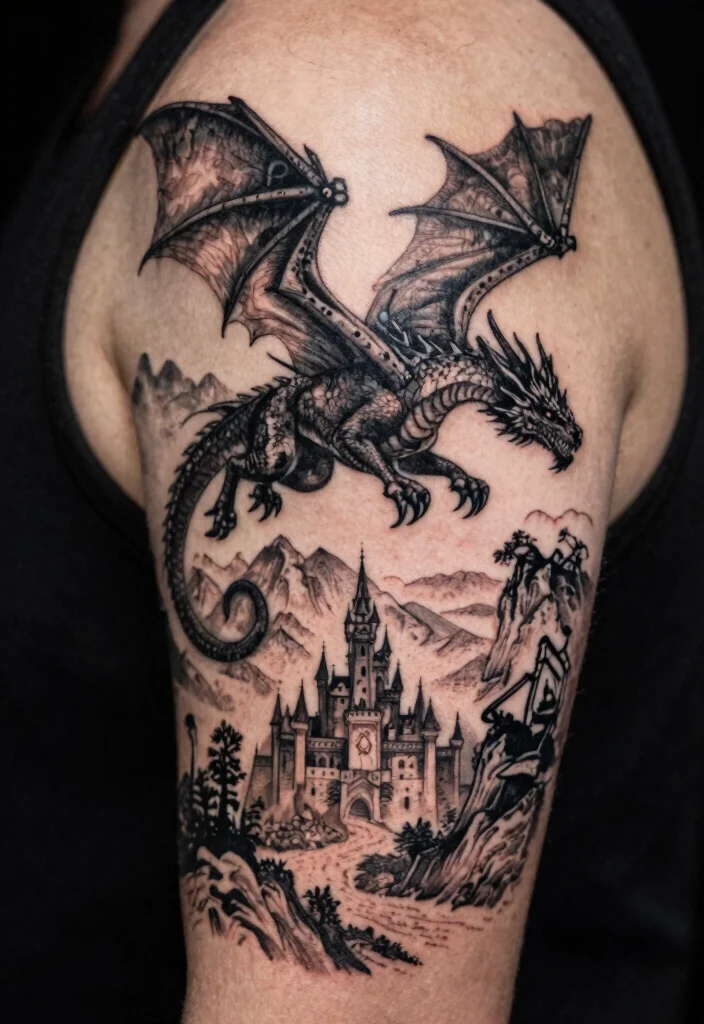 16 Black Dragon Tattoo Ideas: Dark, Bold, and Timeless - 14. Fantasy Landscape Dragon 1