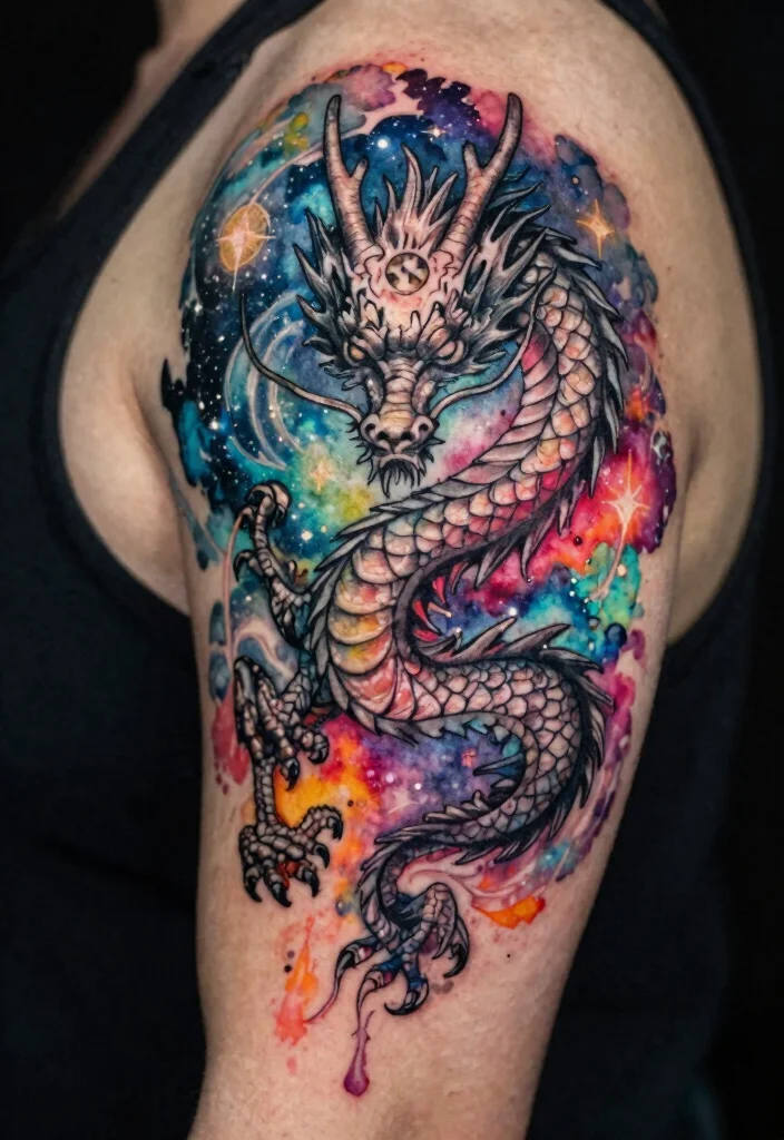 16 Black Dragon Tattoo Ideas: Dark, Bold, and Timeless - 15. Celestial Watercolor Dragon 1