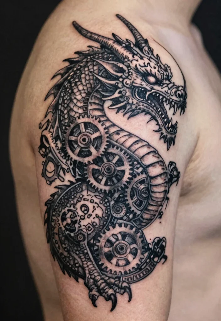 16 Black Dragon Tattoo Ideas: Dark, Bold, and Timeless - 16. Steampunk Dragon 1
