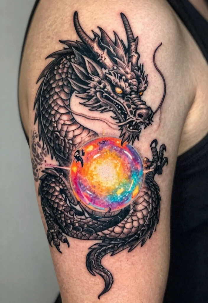 16 Black Dragon Tattoo Ideas: Dark, Bold, and Timeless - 4. Mystic Orb Dragon 1