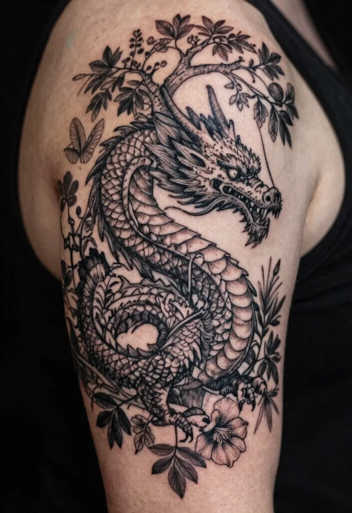 16 Black Dragon Tattoo Ideas: Dark, Bold, and Timeless - 6. Enchanted Forest Dragon 1