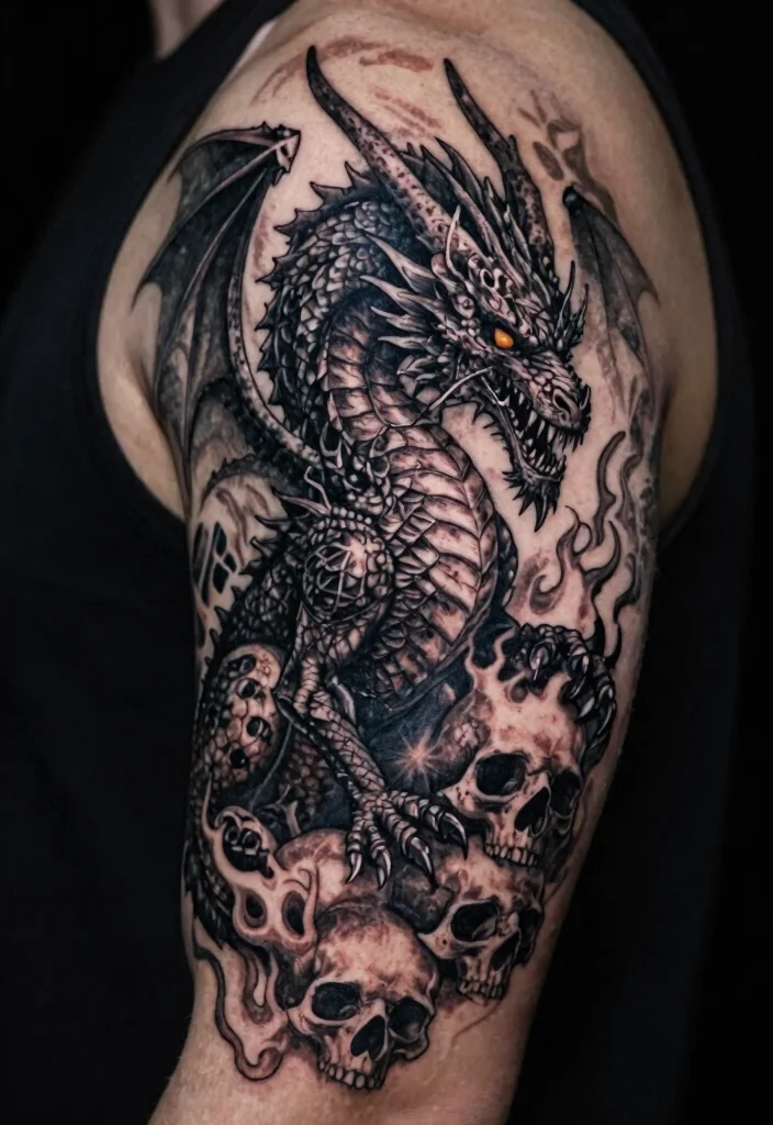 16 Black Dragon Tattoo Ideas: Dark, Bold, and Timeless - 8. Dark Fantasy Dragon 1