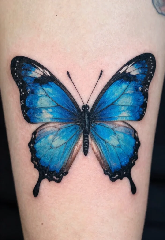 16 Blue Butterfly Tattoo Ideas: Calm, Mystical, and Beautiful - 13. Black and Blue Mix 1