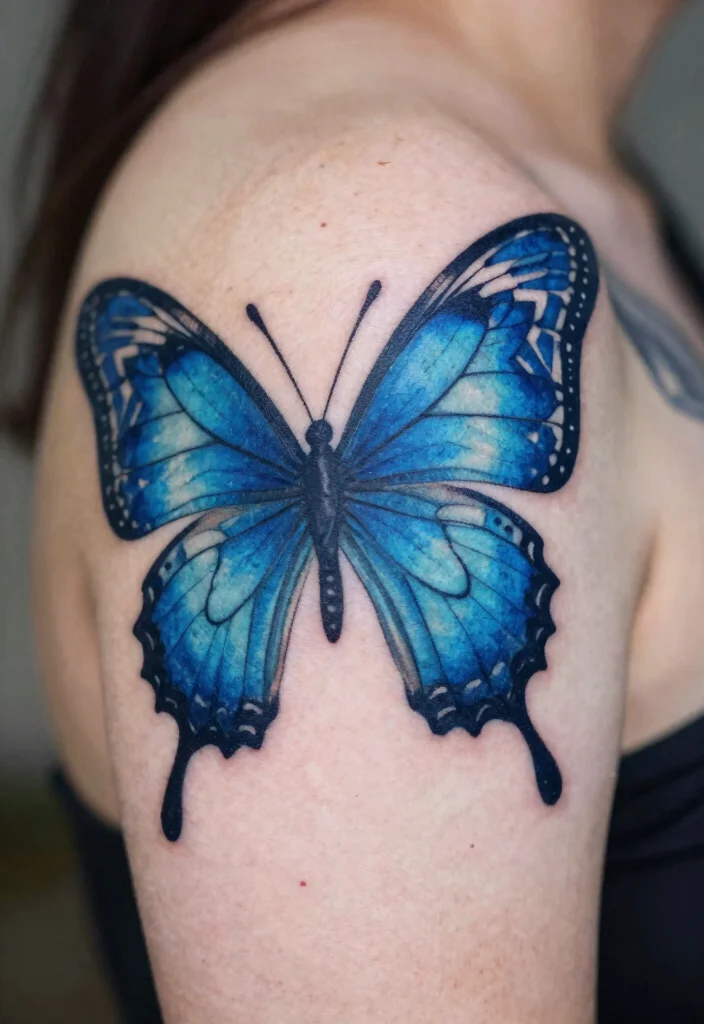 16 Blue Butterfly Tattoo Ideas: Calm, Mystical, and Beautiful - 2. Tribal Elegance 1