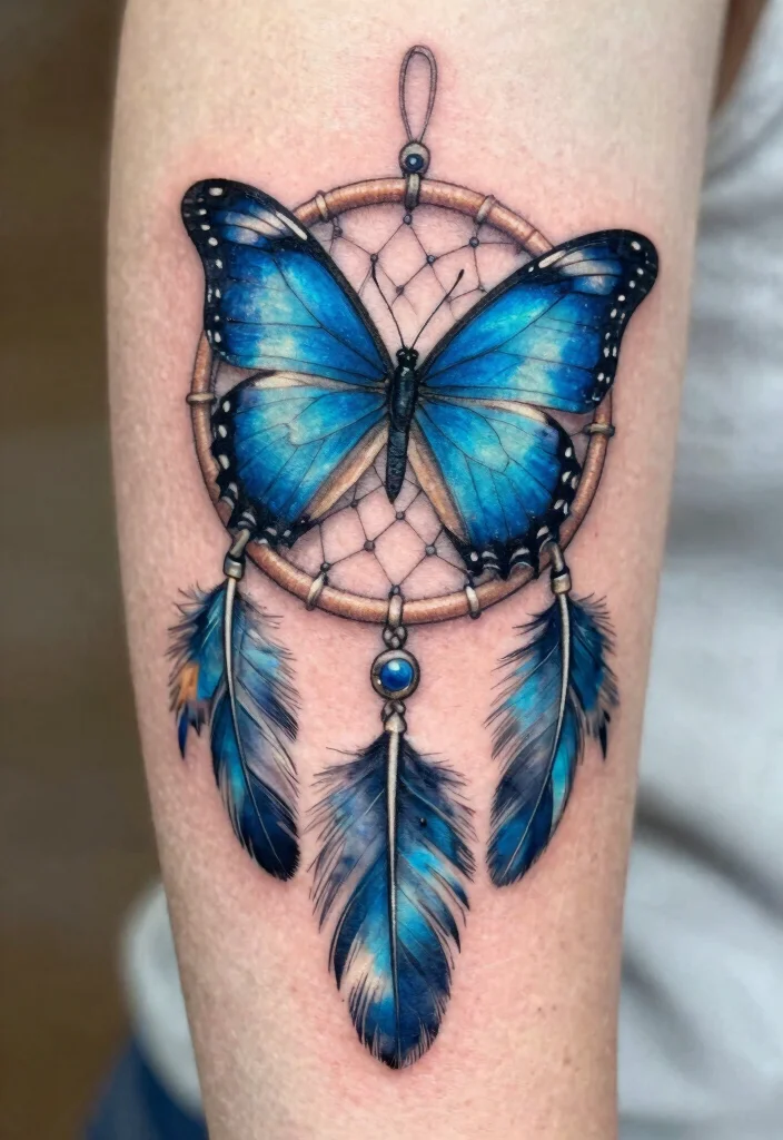 16 Blue Butterfly Tattoo Ideas: Calm, Mystical, and Beautiful - 7. Dream Catcher Design 1