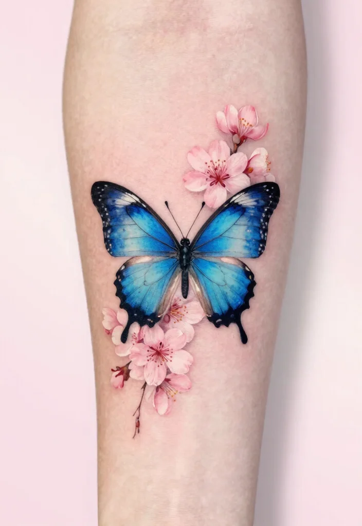 16 Blue Butterfly Tattoo Ideas: Calm, Mystical, and Beautiful - 8. Floral Accents 1