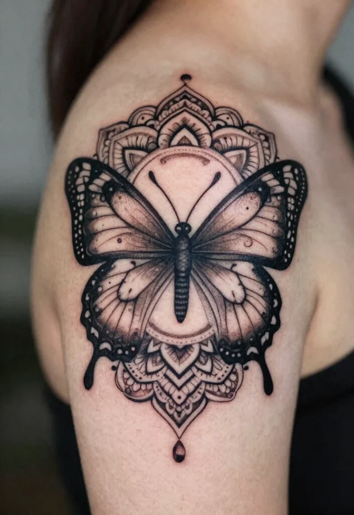 16 Butterfly Tattoo on Shoulder Ideas Graceful and Eye Catching - 11. Butterfly with Mandala Elements 1