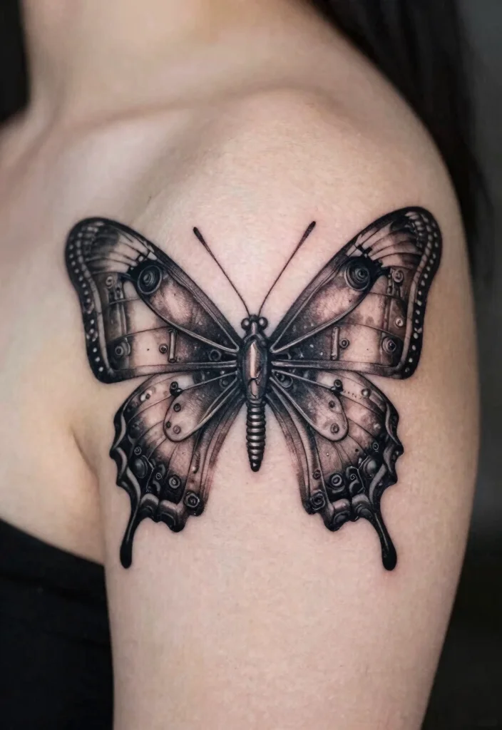 16 Butterfly Tattoo on Shoulder Ideas Graceful and Eye Catching - 12. Biomechanical Butterfly Design 1