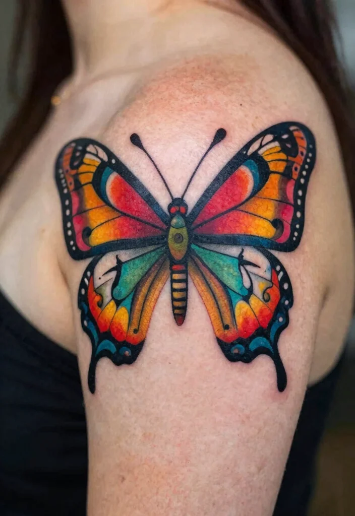 16 Butterfly Tattoo on Shoulder Ideas Graceful and Eye Catching - 15. Colorful Tribal Butterfly 1