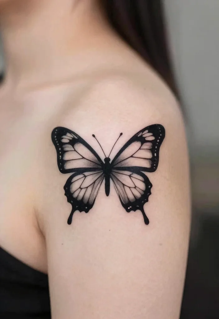 16 Butterfly Tattoo on Shoulder Ideas Graceful and Eye Catching - 16. Butterfly Silhouette 1