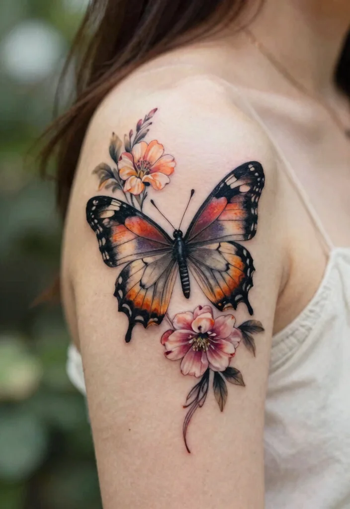 16 Butterfly Tattoo on Shoulder Ideas Graceful and Eye Catching - 4. Butterfly with Floral Accents 1