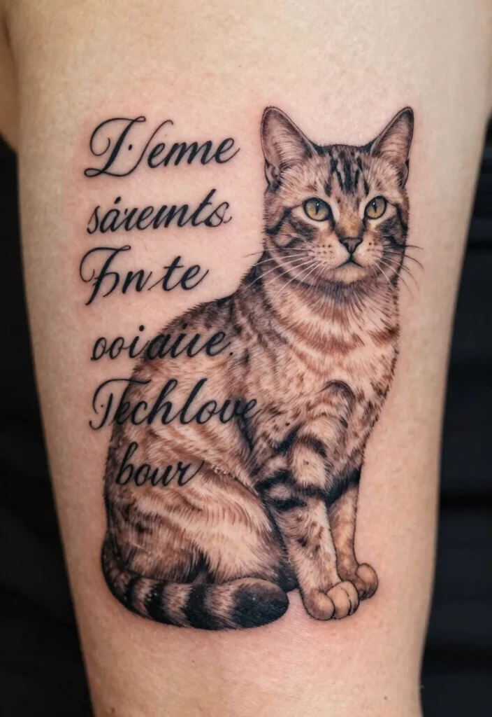 16 Dark Cat Tattoo Ideas: Mysterious, Edgy, and Bold - 10. Cat Tattoos with Quote Integration 1