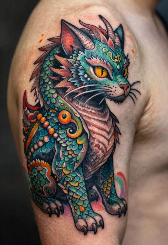 16 Dark Cat Tattoo Ideas: Mysterious, Edgy, and Bold - 11. Mythical Creatures: Cat Hybrids 1