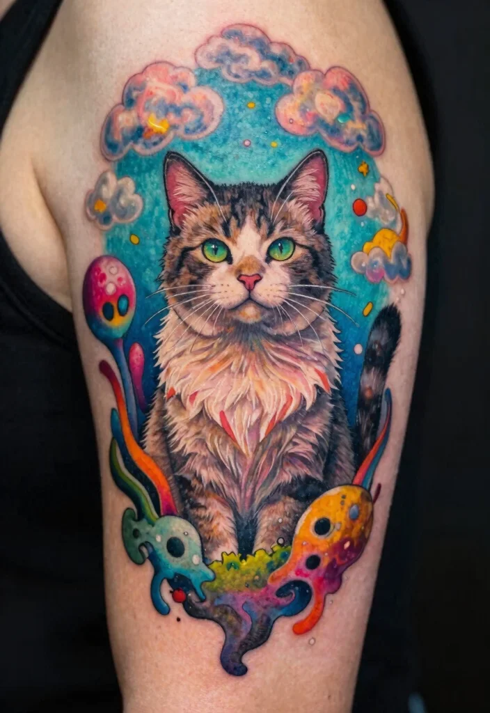 16 Dark Cat Tattoo Ideas: Mysterious, Edgy, and Bold - 13. Cat Tattoos with Surreal Elements 1