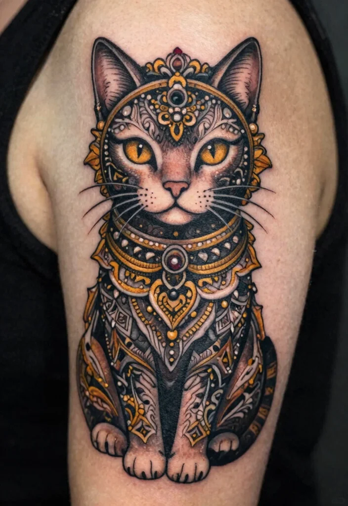 16 Dark Cat Tattoo Ideas: Mysterious, Edgy, and Bold - 14. Ornate Cat Tattoos 1