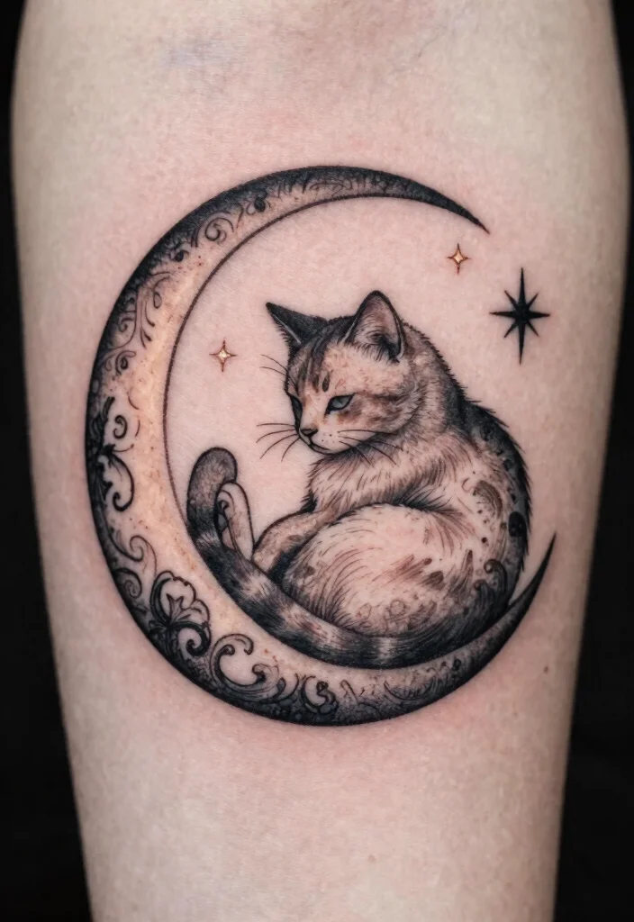 16 Dark Cat Tattoo Ideas: Mysterious, Edgy, and Bold - 2. Crescent Moon Cats 1