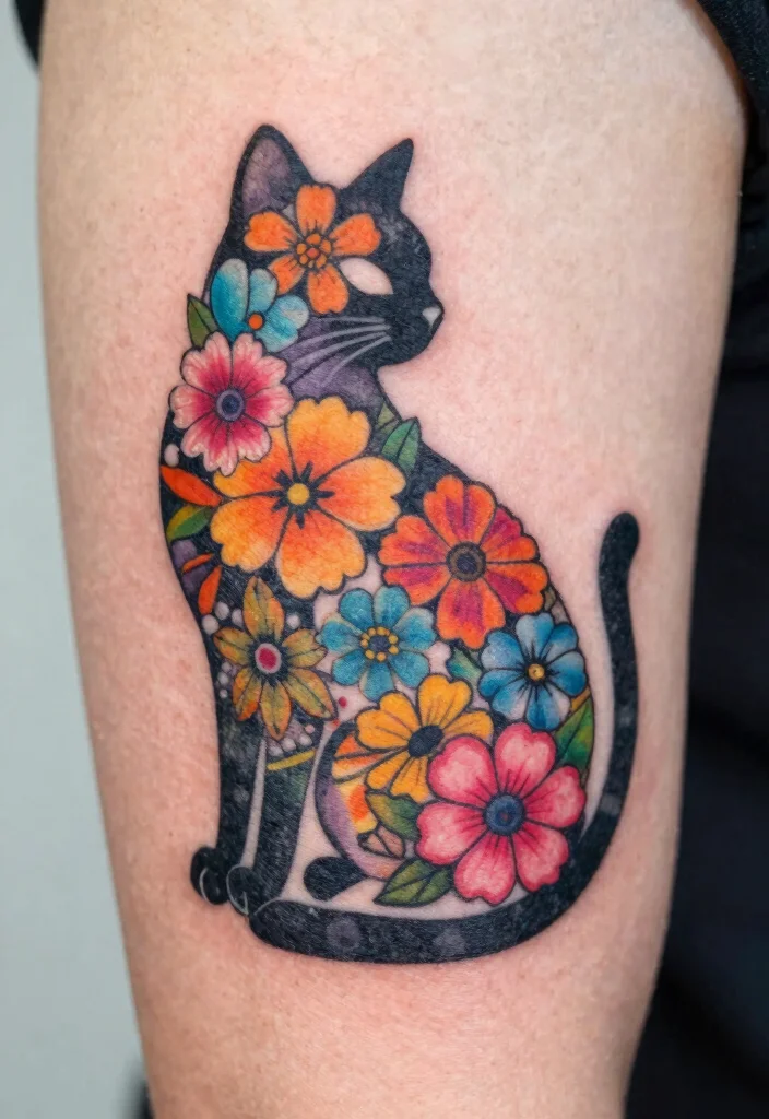 16 Dark Cat Tattoo Ideas: Mysterious, Edgy, and Bold - 6. Cat Silhouettes with Floral Accents 1