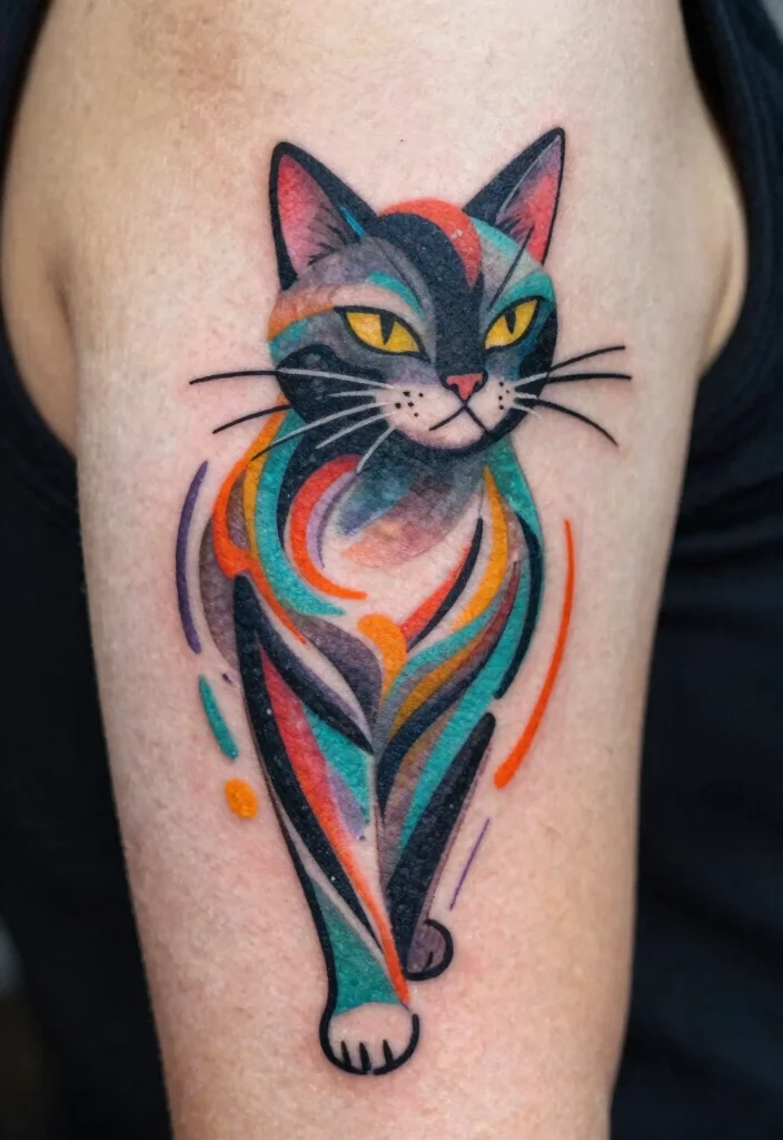 16 Dark Cat Tattoo Ideas: Mysterious, Edgy, and Bold - 8. Abstract Cat Designs 1