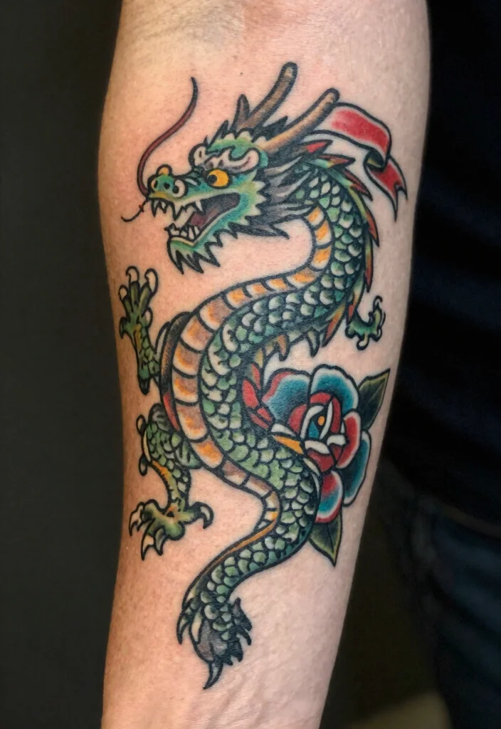 16 Dragon Tattoo Forearm Ideas: Detailed, Balanced, and Bold - 12. The Vintage Dragon: Retro Charm 1