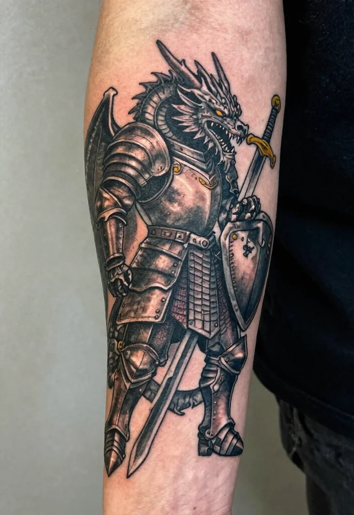 16 Dragon Tattoo Forearm Ideas: Detailed, Balanced, and Bold - 14. The Armor Dragon: A Battle-Ready Design 1