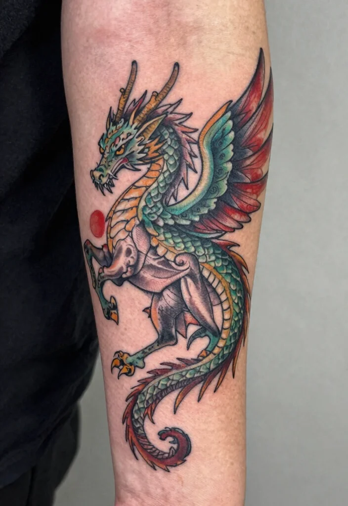 16 Dragon Tattoo Forearm Ideas: Detailed, Balanced, and Bold - 16. The Mythical Hybrid: Combining Creatures 1