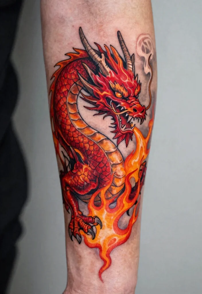 16 Dragon Tattoo Forearm Ideas: Detailed, Balanced, and Bold - 2. The Fierce Fire Dragon: A Symbol of Strength 1