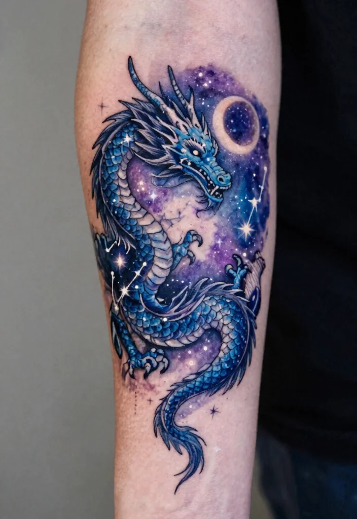 16 Dragon Tattoo Forearm Ideas: Detailed, Balanced, and Bold - 3. The Celestial Dragon: A Cosmic Beauty 1