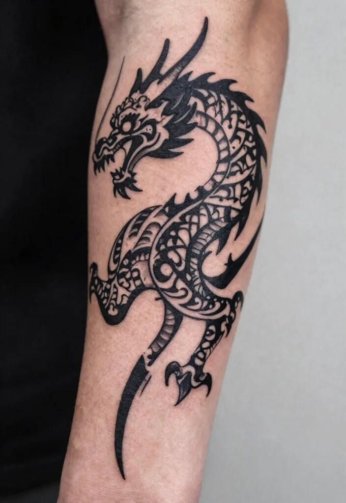 16 Dragon Tattoo Forearm Ideas: Detailed, Balanced, and Bold - 6. The Tribal Dragon: A Connection to Roots 1