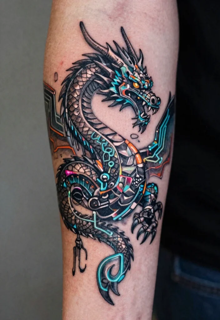 16 Dragon Tattoo Forearm Ideas: Detailed, Balanced, and Bold - 8. The Cyber Dragon: Futuristic and Edgy 1