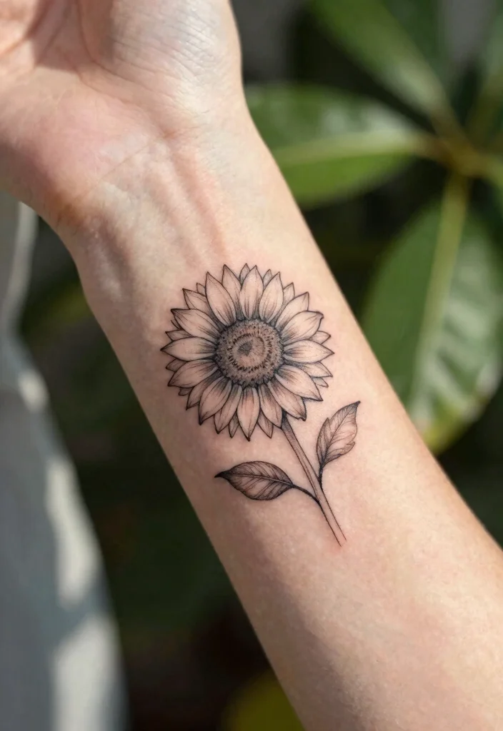 16 Floral Sun Tattoo Ideas: Soft, Radiant, and Feminine - 1. Minimalist Sunflower Tattoo Design 1