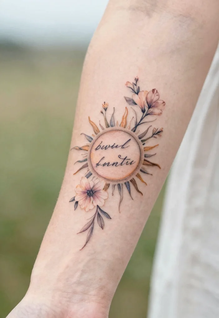 16 Floral Sun Tattoo Ideas: Soft, Radiant, and Feminine - 10. Floral Sun Tattoo with Inspirational Quote 1