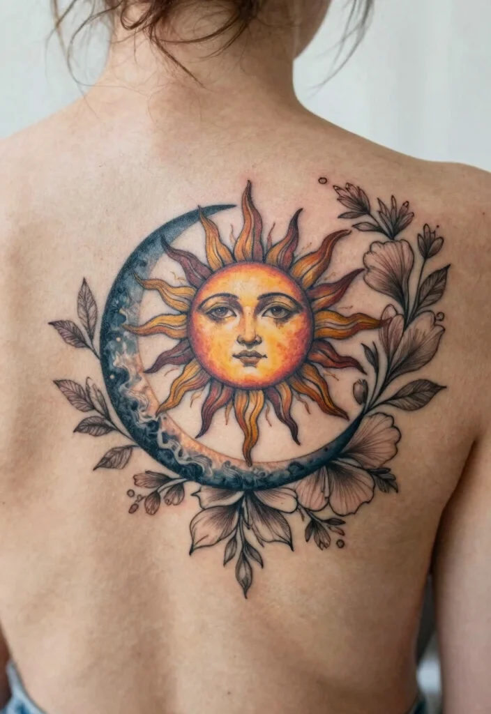 16 Floral Sun Tattoo Ideas: Soft, Radiant, and Feminine - 11. Sun and Moon Floral Tattoo 1