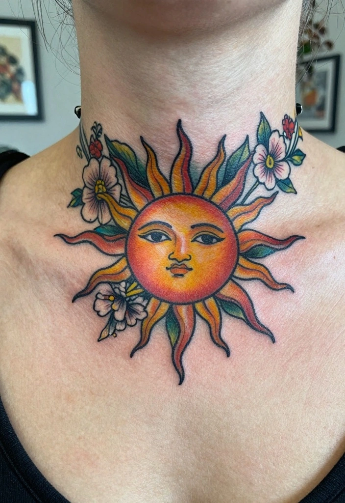 16 Floral Sun Tattoo Ideas: Soft, Radiant, and Feminine - 12. Choker Floral Sun Tattoo 1