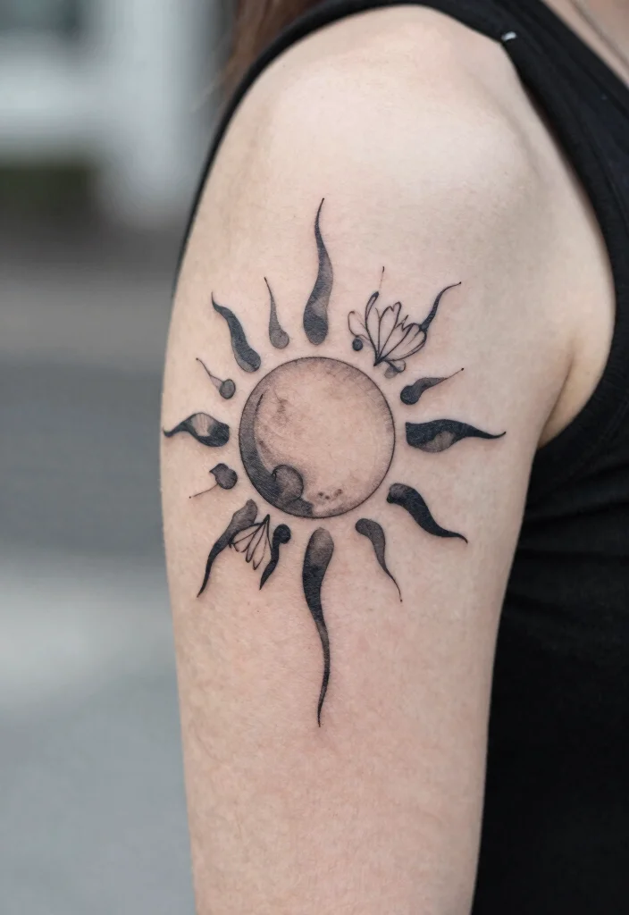 16 Floral Sun Tattoo Ideas: Soft, Radiant, and Feminine - 16. Modern Floral Sun Tattoo 1