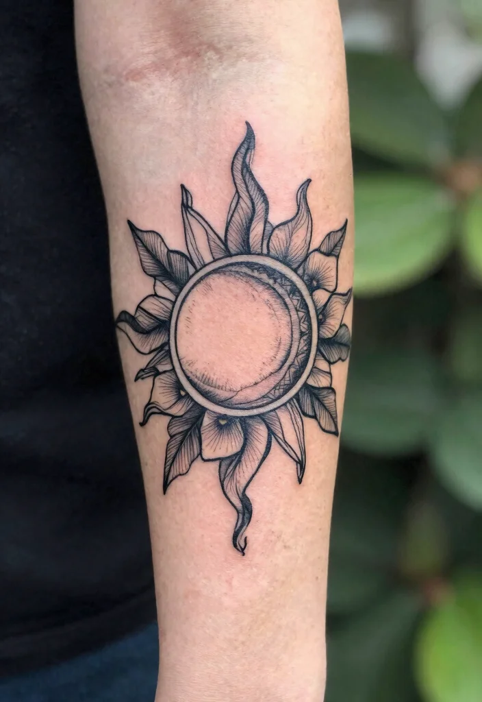 16 Floral Sun Tattoo Ideas: Soft, Radiant, and Feminine - 3. Geometric Floral Sun Tattoo 1