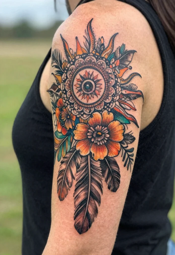 16 Floral Sun Tattoo Ideas: Soft, Radiant, and Feminine - 4. Bohemian Floral Sun Tattoo 1