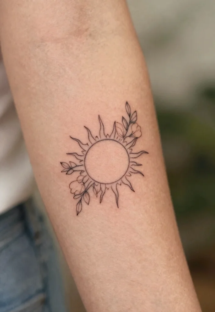 16 Floral Sun Tattoo Ideas: Soft, Radiant, and Feminine - 5. Simple Floral Sun Outline Tattoo 1