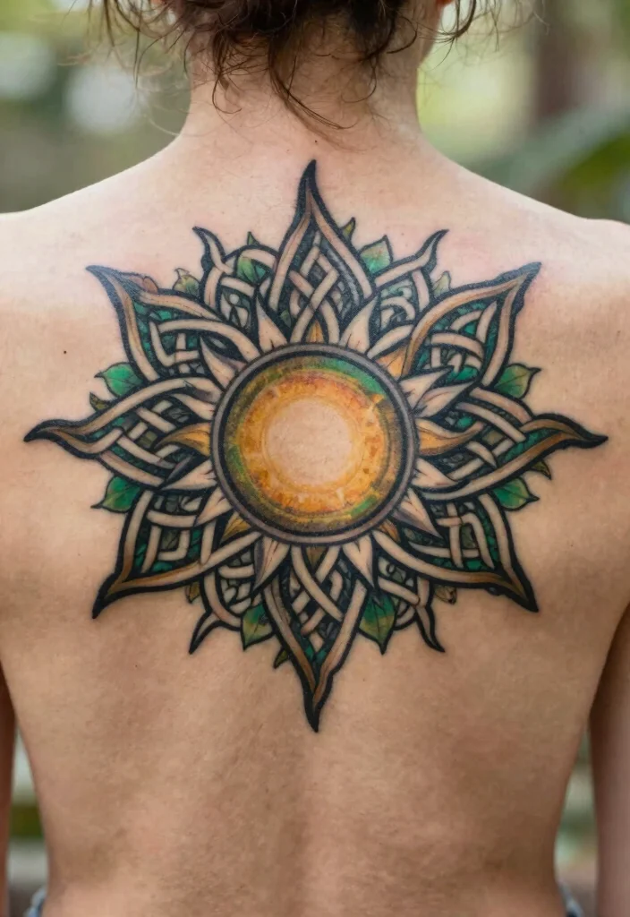 16 Floral Sun Tattoo Ideas: Soft, Radiant, and Feminine - 6. Celtic Floral Sun Tattoo 1