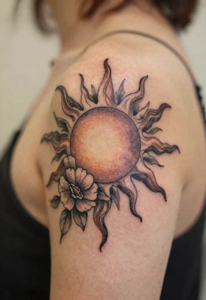 16 Floral Sun Tattoo Ideas: Soft, Radiant, and Feminine - 7. Vintage Floral Sun Tattoo 1