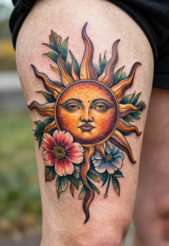 16 Floral Sun Tattoo Ideas: Soft, Radiant, and Feminine - 8. Detailed Floral Sun Tattoo 1