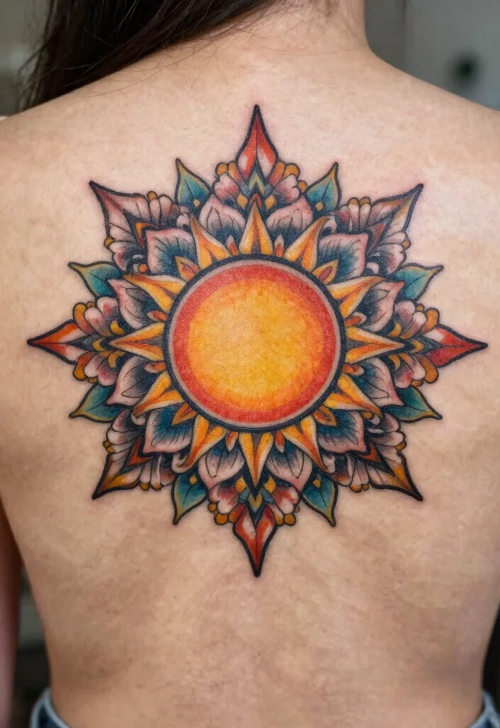 16 Floral Sun Tattoo Ideas: Soft, Radiant, and Feminine - 9. Ornamental Floral Sun Tattoo 1