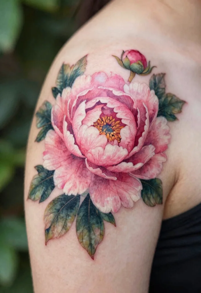 16 Flower Shoulder Tattoo Ideas: Feminine Graceful Placement - 1. Elegant Peony Blossoms 1