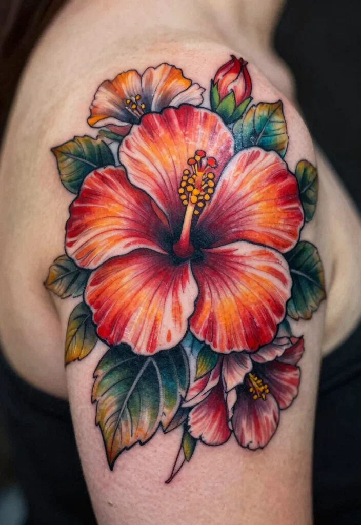 16 Flower Shoulder Tattoo Ideas: Feminine Graceful Placement - 10. Artistic Hibiscus Flowers 1