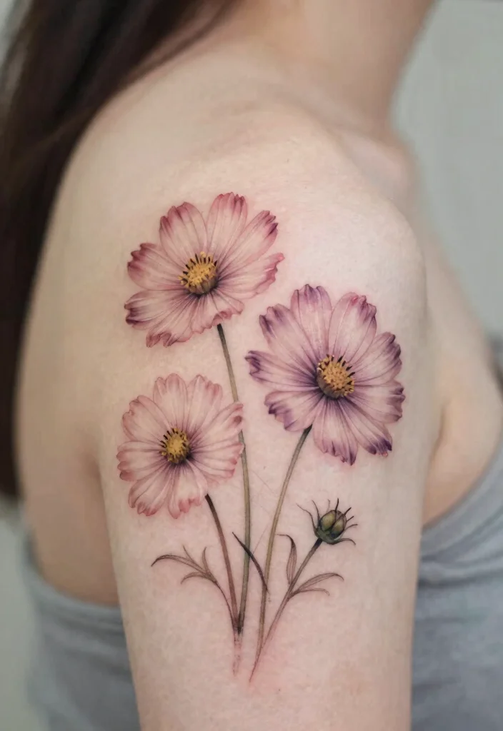 16 Flower Shoulder Tattoo Ideas: Feminine Graceful Placement - 11. Charming Cosmos Flowers 1