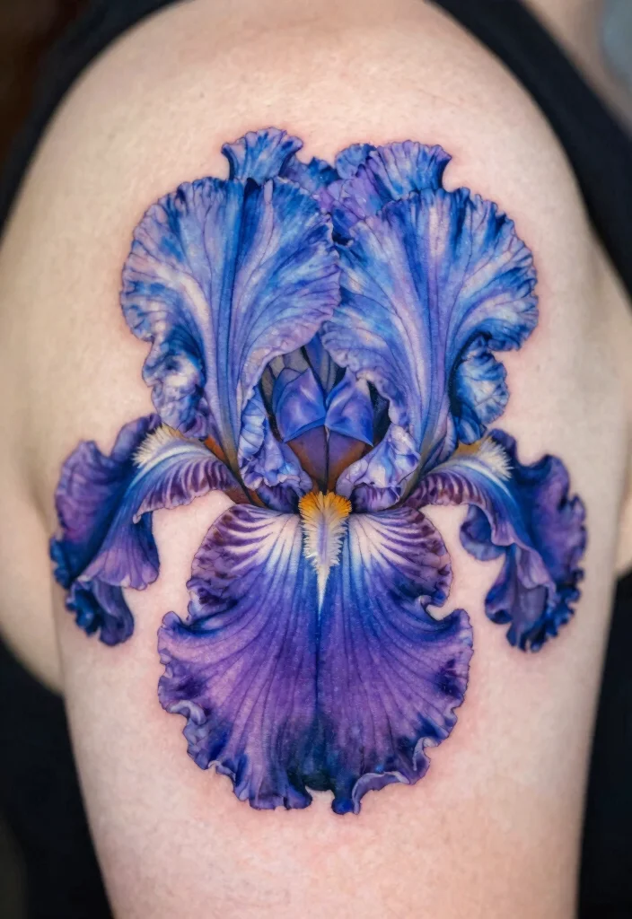 16 Flower Shoulder Tattoo Ideas: Feminine Graceful Placement - 12. Ethereal Iris Blossoms 1