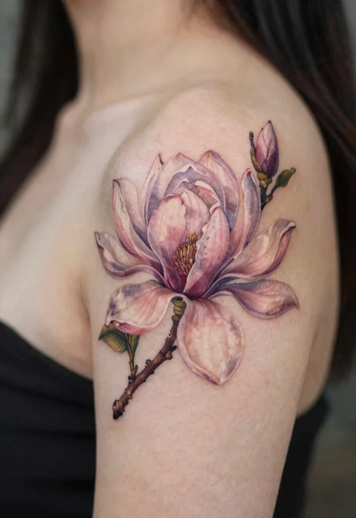 16 Flower Shoulder Tattoo Ideas: Feminine Graceful Placement - 13. Graceful Magnolia Flowers 1